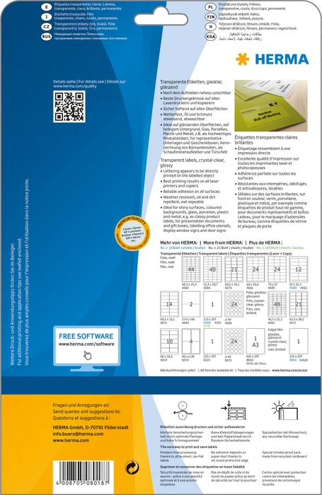 Herma Folienetiketten, 96x50.8mm, wetterfest, transparent, matt, 25 Blatt (250 Etiketten)