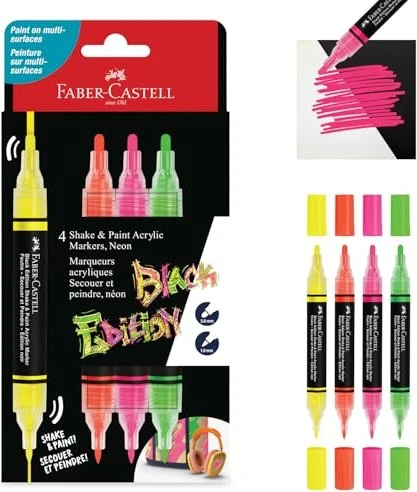 Faber-Castell Shake & Paint Neon Acryl Marker Black Edition gelb/orange/pink/grün, 4er-Set