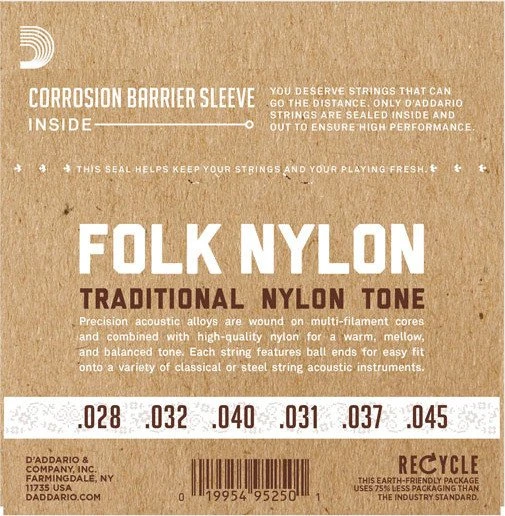 D'Addario Folk Nylon Ball End Silver Wound / Black Nylon Trebles