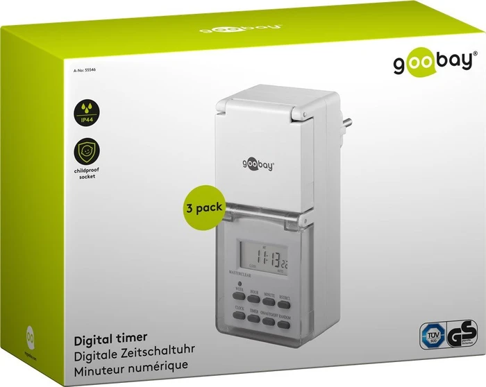 Wentronic goobay digitale Outdoor Wochenzeitschaltuhr mit Schutzklappe, IP44, weiß, 3er-Pack