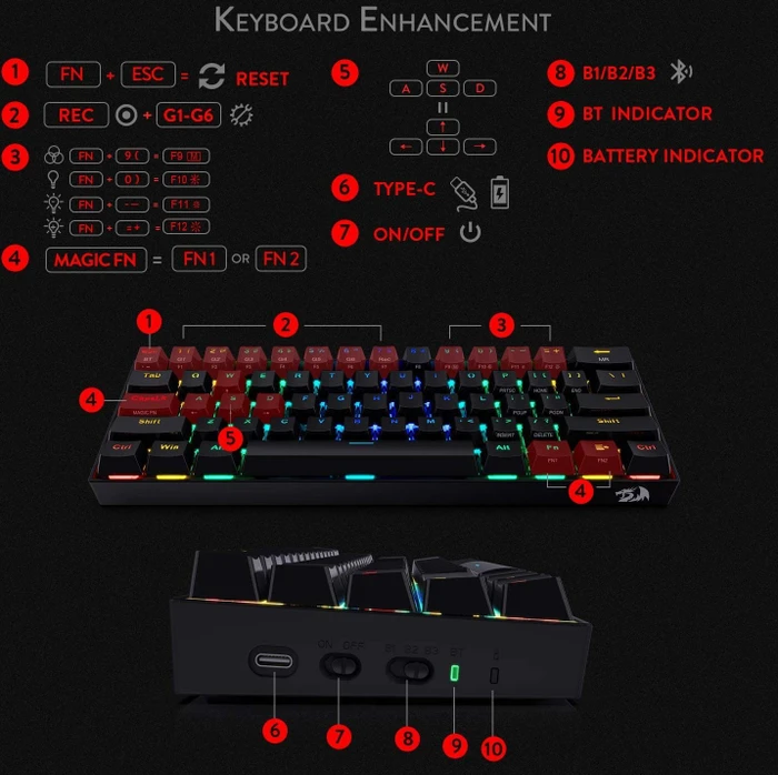 Redragon K530 Pro Draconic, LEDs RGB, hot-swap, schwarz, Gaote Outemu BROWN, USB/Bluetooth, US