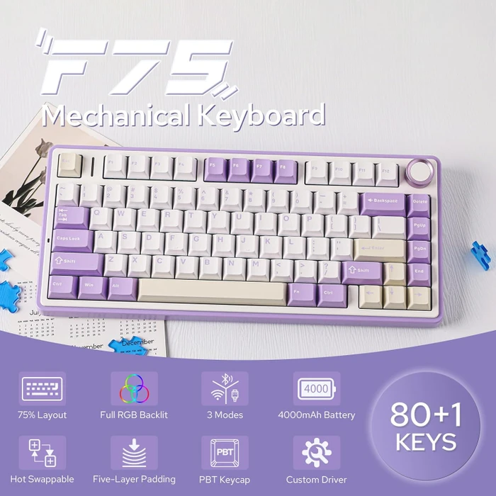 Epomaker x Aula F75, Purple, LEDs RGB, hot-swap, LEOBOG Reaper, USB/Bluetooth, US