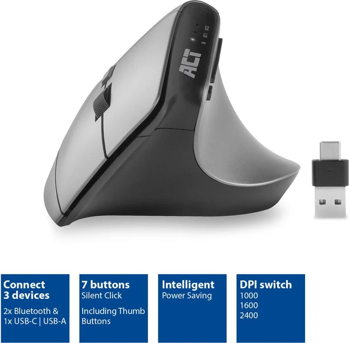 Act Wireless Ergonomic Mouse, schwarz/silber, USB-C/USB-A/Bluetooth