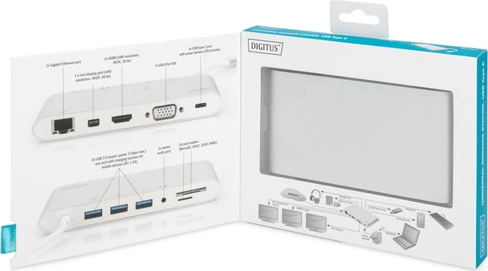 Digitus Universal Docking Station silber, Multiport, USB-Hub, Dual-Slot-Cardreader, USB-C 3.0 [Stecker]