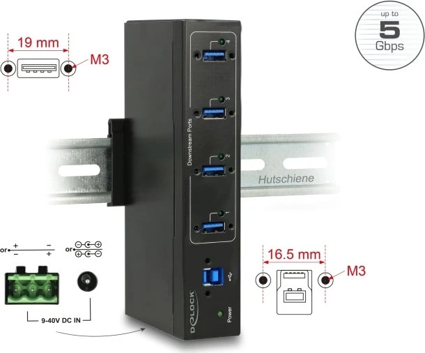DeLOCK Industrial Railmount USB-Hub, 4x USB-A 3.0, USB-B 3.0 [Buchse]