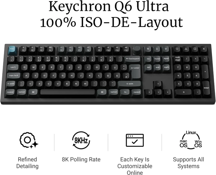 Keychron Q6 Ultra 8K, schwarz, LEDs RGB, hot-swap, Keychron Silk POM RED, USB/Bluetooth, DE