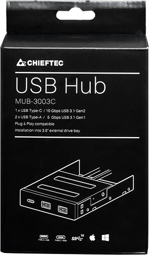 Chieftec USB-HUB, 1x USB-C 3.1, 2x USB-A 3.0, USB 3.0 19-Pin Stecksockel, 1x USB 3.1 20-Pin Key-A Stecksockel [Stecker]