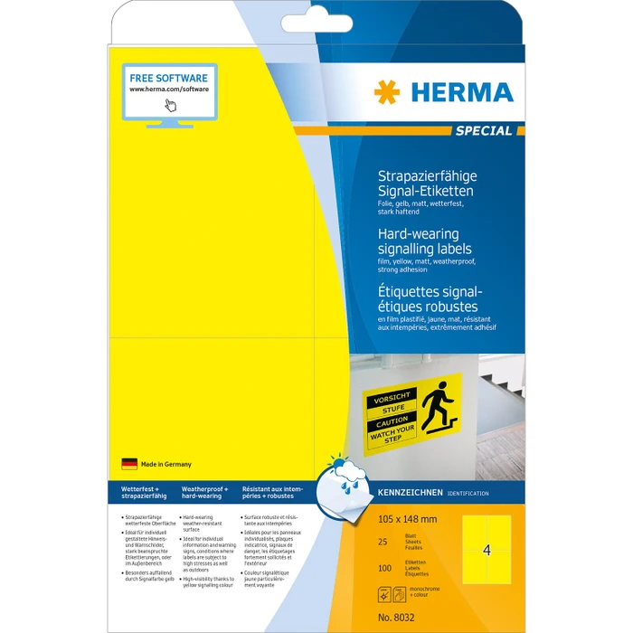 Herma Folienetiketten, A6, wetterfest, gelb, matt, 25 Blatt (100 Etiketten)