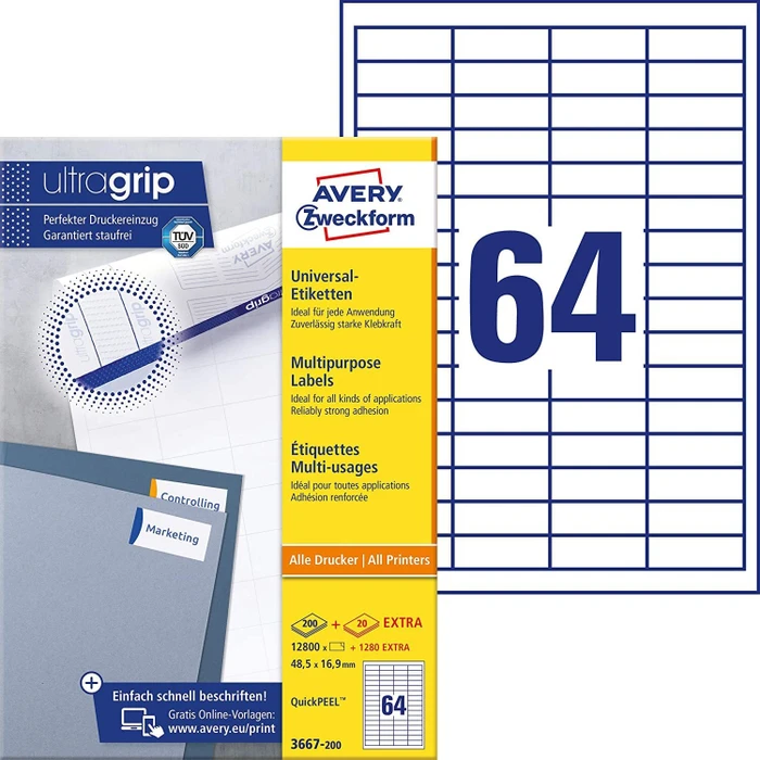 Avery-Zweckform Etiketten, 48.5x16.9mm, weiß, 200 Blatt (12800 Etiketten) (3667-200)