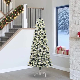 vidaXL Künstlicher Weihnachtsbaum schlank mit Schnee, 240cm, inkl. LED-Beleuchtung