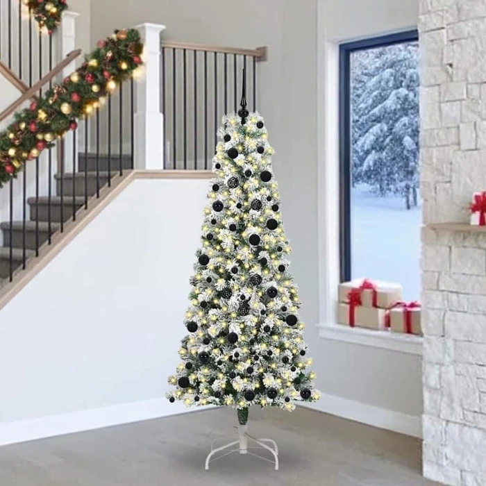 vidaXL Künstlicher Weihnachtsbaum schlank mit Schnee, 240cm, inkl. LED-Beleuchtung