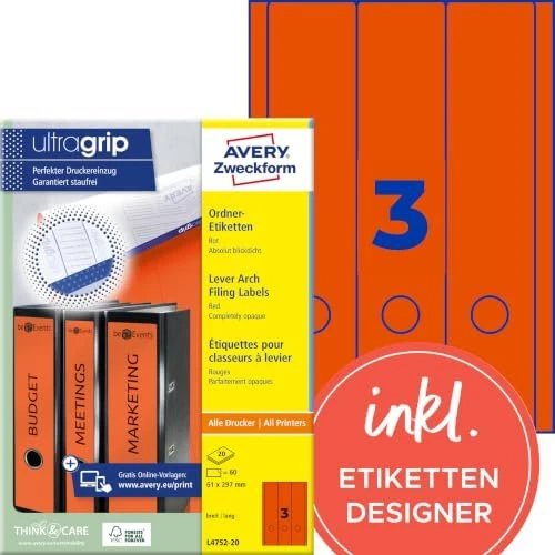 Avery-Zweckform Ordneretiketten, 61x297mm, rot, 20 Blatt (60 Etiketten)