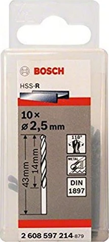Bosch Professional HSS-R Karosseriebohrer, 2.5x14x43mm, 10 Stück