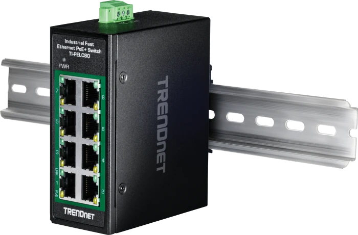 TRENDnet TI Hardened Industrial Railmount Switch, 8x RJ-45, 200W PoE+