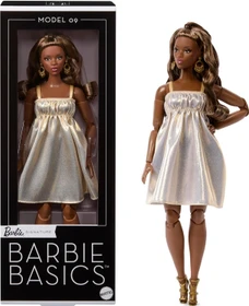 Mattel Barbie - Basics - Modell 9 mit brünetten Haaren in goldenem Kleid mit Empire Taille und Riemchensandalen