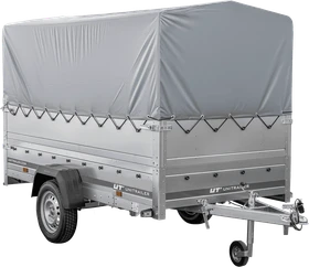 Unitrailer Garden Trailer 264 Kipp mit Stützrad, zusätzlichen Bordwänden, grauer Hochplane und Hochspriegel