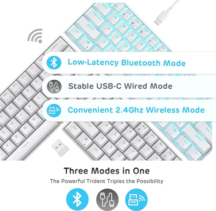 RK Royal Kludge RK61 60% Wireless, weiß, LEDs blau, hot-swap, RK BLUE, USB/Bluetooth, US