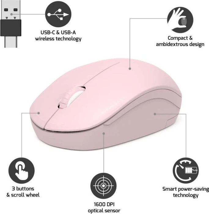 Port Designs Wireless Mouse Collection II rosa, USB-C/USB-A