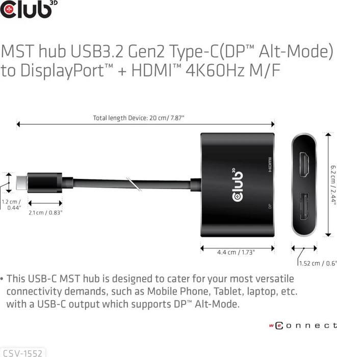 Club 3D MST Hub USB-C 3.2 auf DisplayPort + HDMI 4K60Hz M/F Adapter
