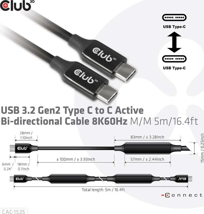 Club 3D USB-C 3.1 Kabel, aktiv, 10Gb/s, 8K60Hz, 60W PD, USB-C 3.1 Stecker auf USB-C 3.1 Stecker, 5m