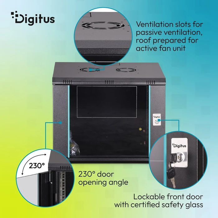 Digitus Dynamic-N Serie 19" Wandgehäuse 9HE, unmontiert, Sicherheitsglastür, IP2X, RAL 9005, 450mm tief