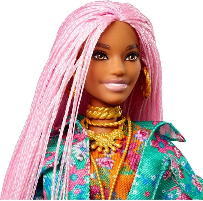 Mattel Barbie - Extra mit pinken Flechtzöpfen in Floral bedruckter Jacke DJ Haustier-Maus