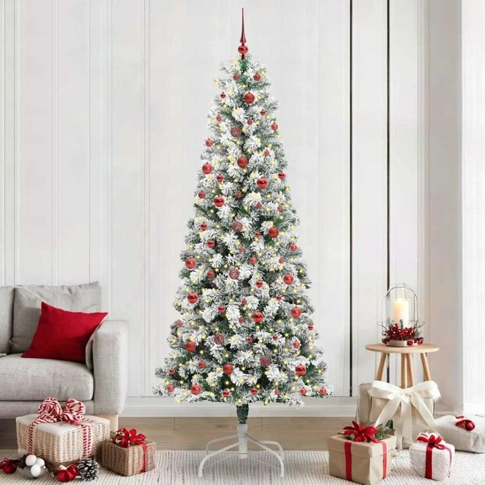 vidaXL Künstlicher Weihnachtsbaum schlank mit Schnee, 240cm, inkl. LED-Beleuchtung