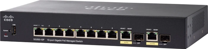 Cisco SG350 Desktop Gigabit Managed Switch, 8x RJ-45, 2x RJ-45/SFP, 62W UPoE