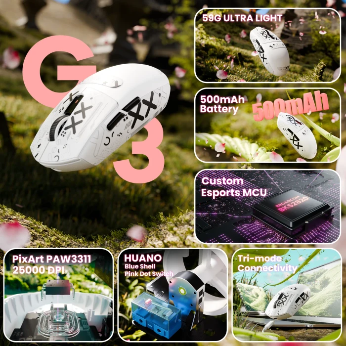 Attack Shark G3 Tri-mode Wireless Gaming Mouse, White, inkl. Grip Tape, USB/Bluetooth