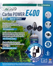 Dennerle Carbo POWER E400 Komplett-Set Special Edition, Präzisions-Druckminderer für Einweg CO2 Druckflaschen, mit 2x Manometer, mit Magnetventil