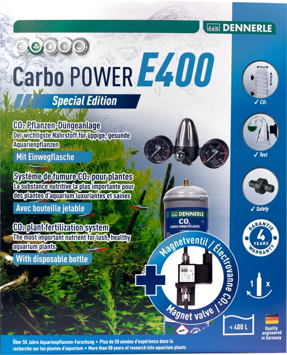 Dennerle Carbo POWER E400 Komplett-Set Special Edition, Präzisions-Druckminderer für Einweg CO2 Druckflaschen, mit 2x Manometer, mit Magnetventil