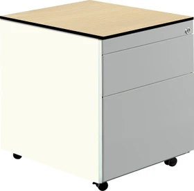mauser Rollcontainer line, 1x Utensilienauszug, 1x Materialschublade, 1x Hängeregistratur, reinweiß/ahorn/weißaluminium