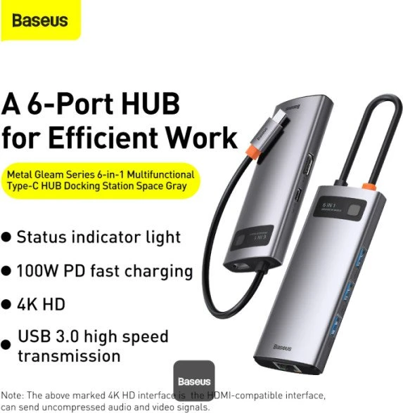 Baseus Metal Gleam 6-in-1 Hub, USB-C 3.0 [Stecker]