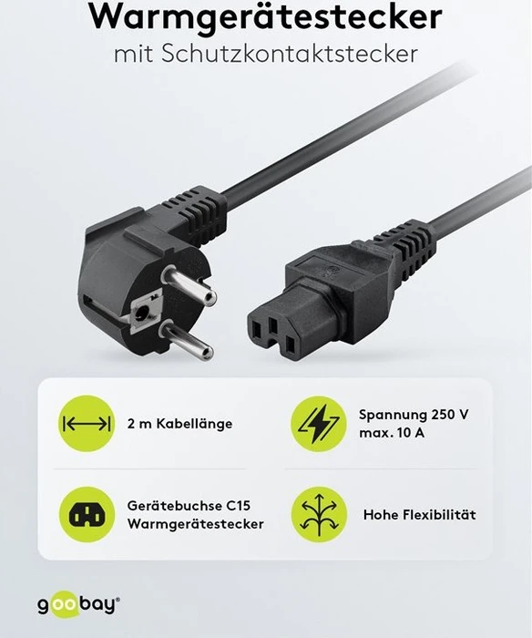 Wentronic Goobay Warmgeräte Netzkabel, Schutzkontakt auf Warmgerätestecker C15, schwarz, 2m