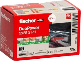 fischer DuoPower 5x25 S PH Schrauben/Dübel-Sortiment, 50 Stück