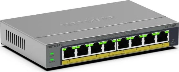 Netgear GS100 Desktop Gigabit Smart Switch, 8x RJ-45, 62W PoE+