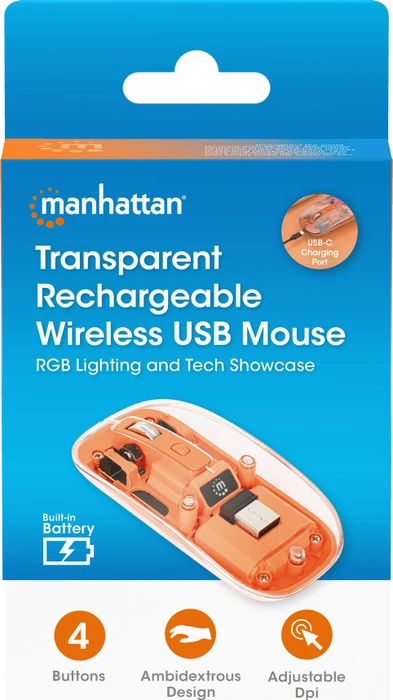 Manhattan Transparent Rechargeable Wireless Mouse, transparent/orange, USB