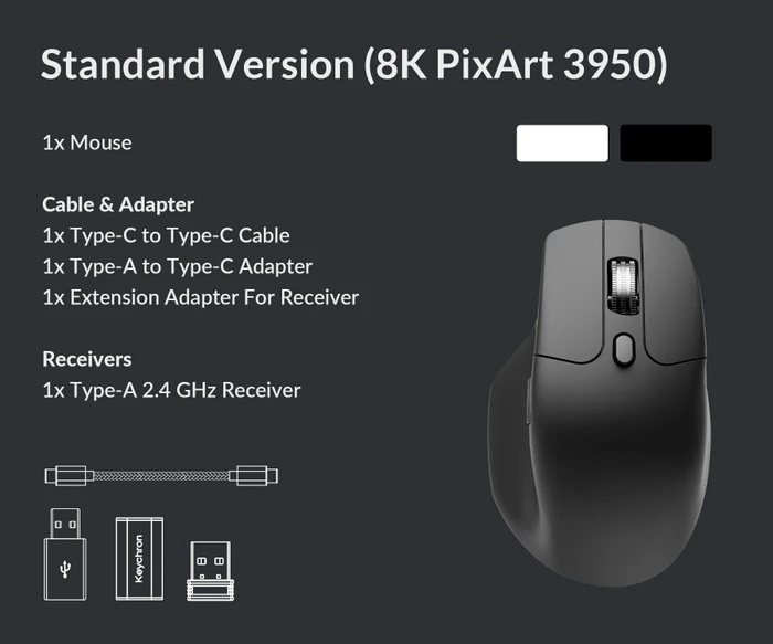 Keychron M6 All Silent Wireless Mouse weiß, 8K PixArt 3950, USB/Bluetooth