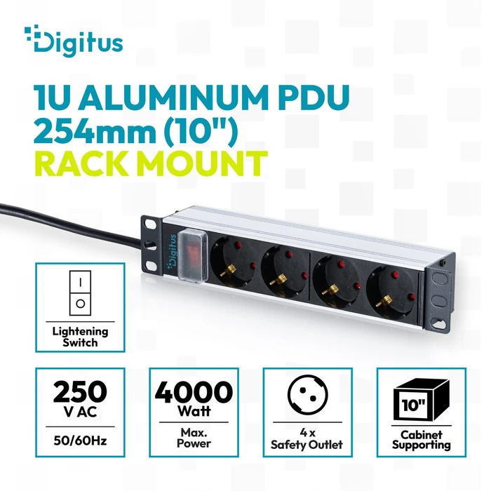 Digitus 10" Steckdosenleiste, mit Schalter, 1HE, 4-fach, 250V, grau, 2m