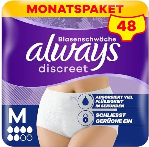 Always Discreet Inkontinenz Höschen Schutzhose Größe M, 48 Stück