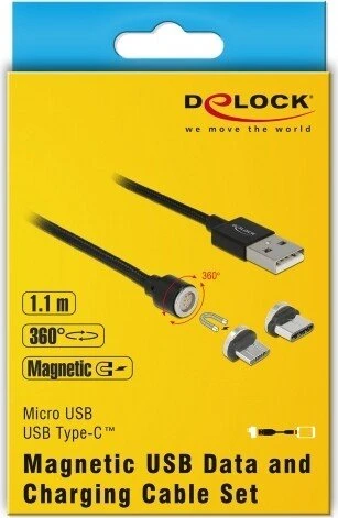 DeLOCK Magnetisches USB Daten- und Ladekabel, USB-A [Stecker] auf USB 2.0 Micro-B/USB-C 2.0 [Stecker], Adapterkabel, 1.1m
