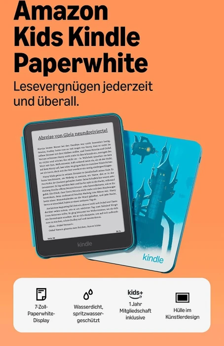 Amazon Kindle Paperwhite 13. Gen, 16GB Flash, ohne Werbung, Kids Edition, inkl. Hülle Türme in der Dämmerung [2026]