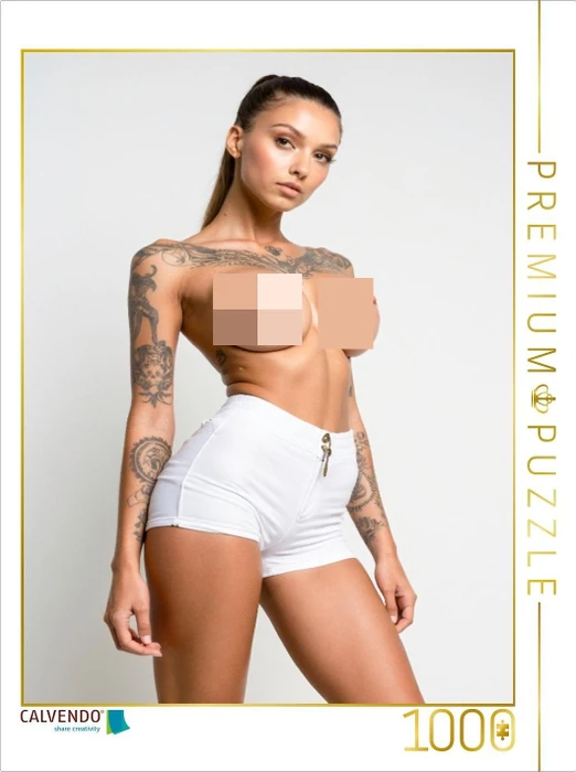 Calvendo Erotikpuzzle mit Melissa - tätowierter Akt in weißen Shorts, selbstbewusst und freizügig inszeniert