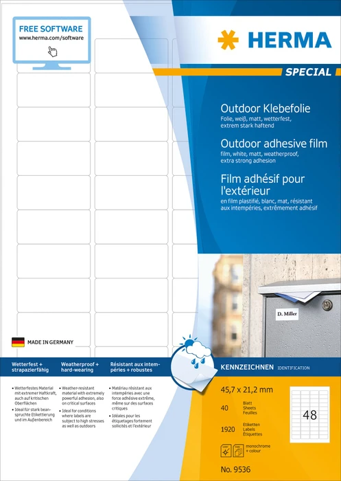 Herma Etiketten Outdoor, 45.7x21.2mm, wetterfest, weiß, matt, 40 Blatt (1920 Etiketten)