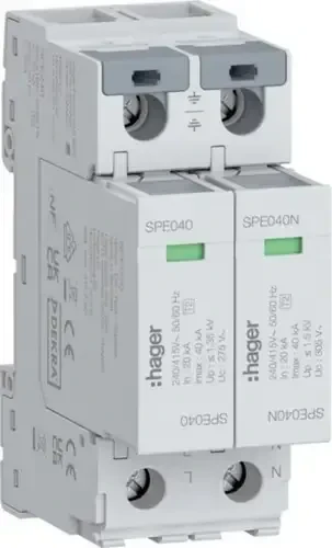 Hager Überspannungsableiter 2P T2 TNS/TT Uc 275V In 20kA Imax 40kA