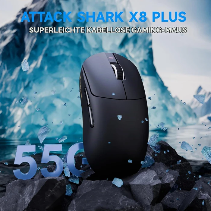 Attack Shark X8 Plus Tri-mode Wireless Gaming Mouse, schwarz, inkl. C06 Ultra LED Kabel, USB/Bluetooth