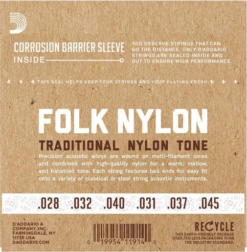 D'Addario Folk Nylon Ball End Silver Wound / Clear Nylon Trebles