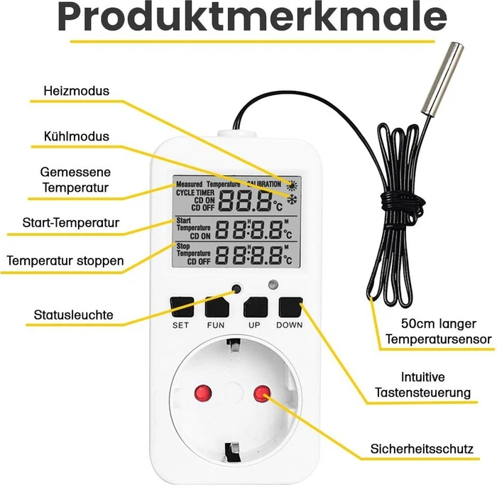 Offgridtec Temperaturregler für Steckdose mit Digitalanzeige und externem Sensor