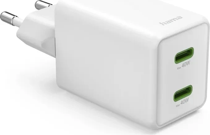 Hama Schnellladegerät GaN 2x USB-C Super-Mini-Ladegerät PD 40 W weiß