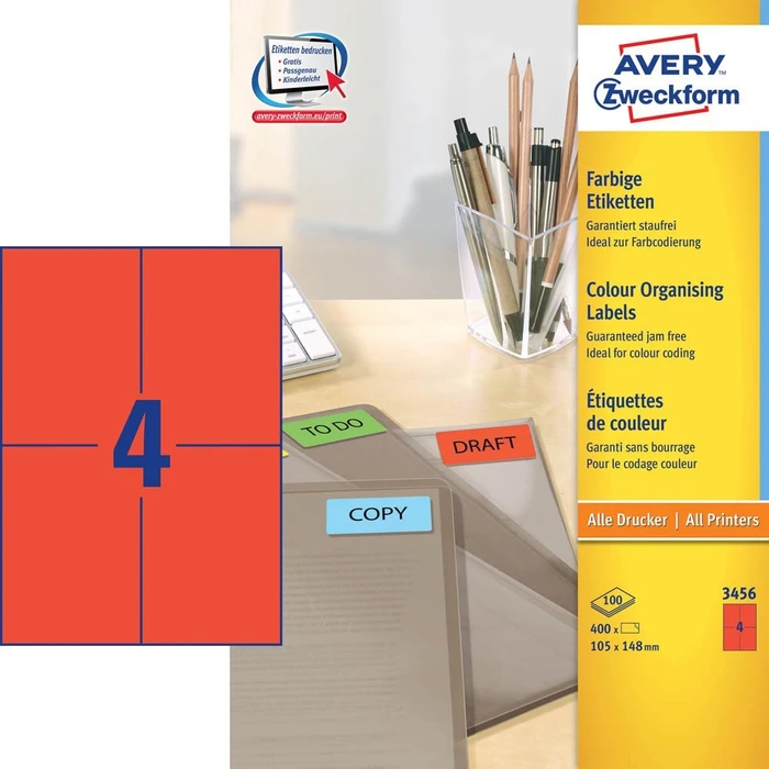 Avery-Zweckform Ordneretiketten, A6, rot, 100 Blatt (400 Etiketten) (3456)